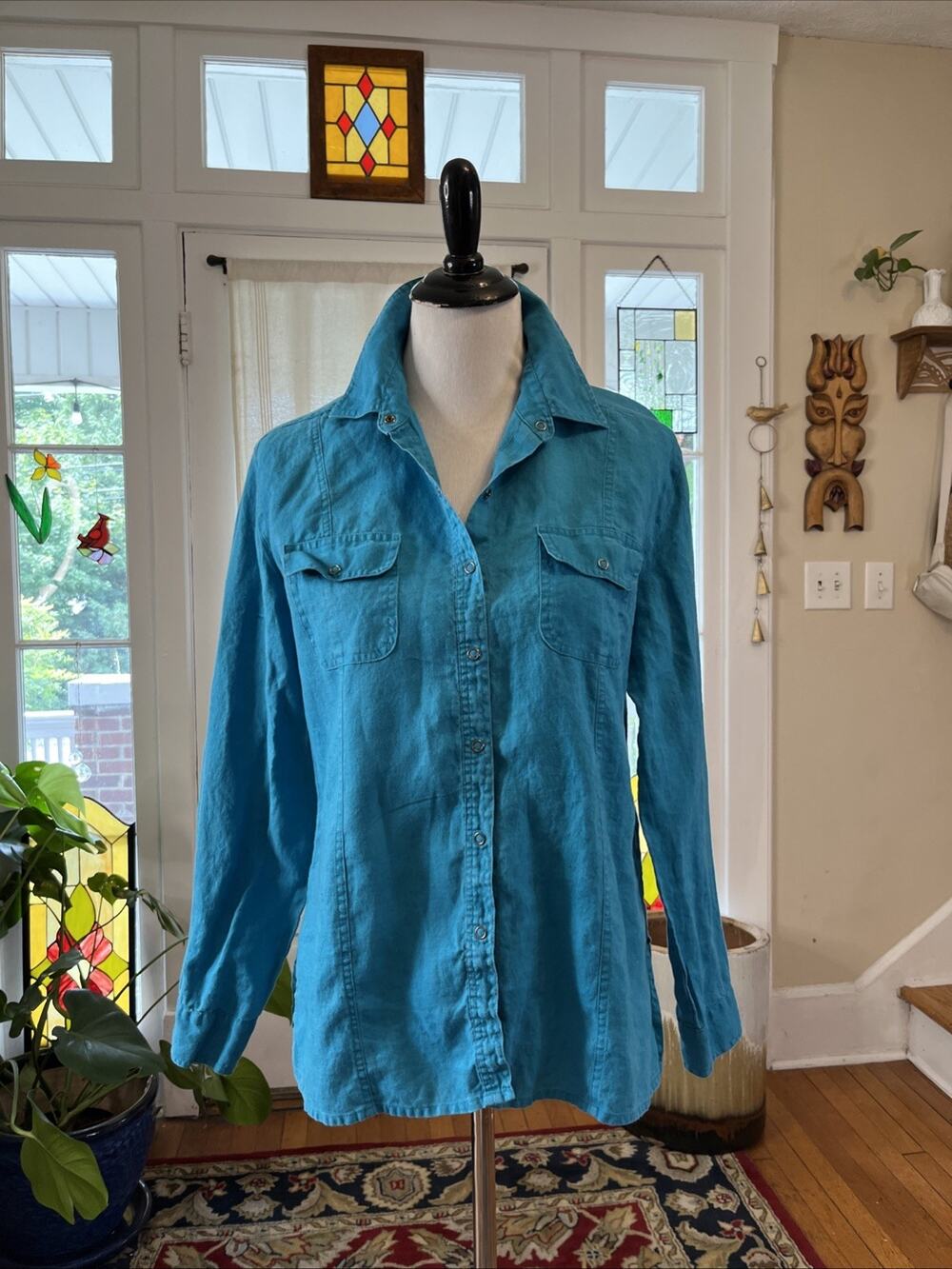 Vintage Chicos Womens 100% Linen Long Sleeve Shirt M ( Size 1 ) Snap Button Blue
